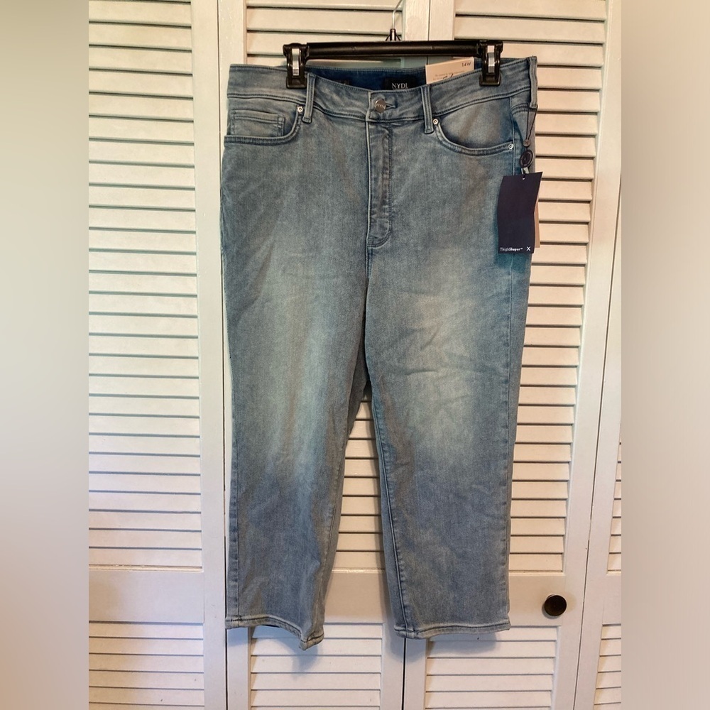 NWT NYDJ Blue Marylin Straight High Rise Crop Thigh Shaper Jeans Size 14W